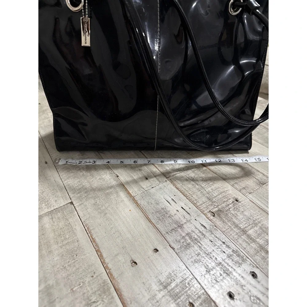 Sag Harbor Black Patent Faux Leather Tote Bag Shoulder Purse Silver Hardware